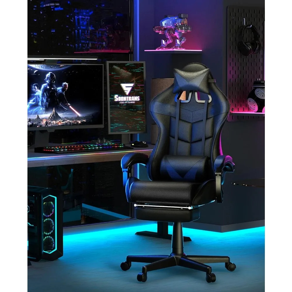 Gaming chair in colorful illuminated gaming setup